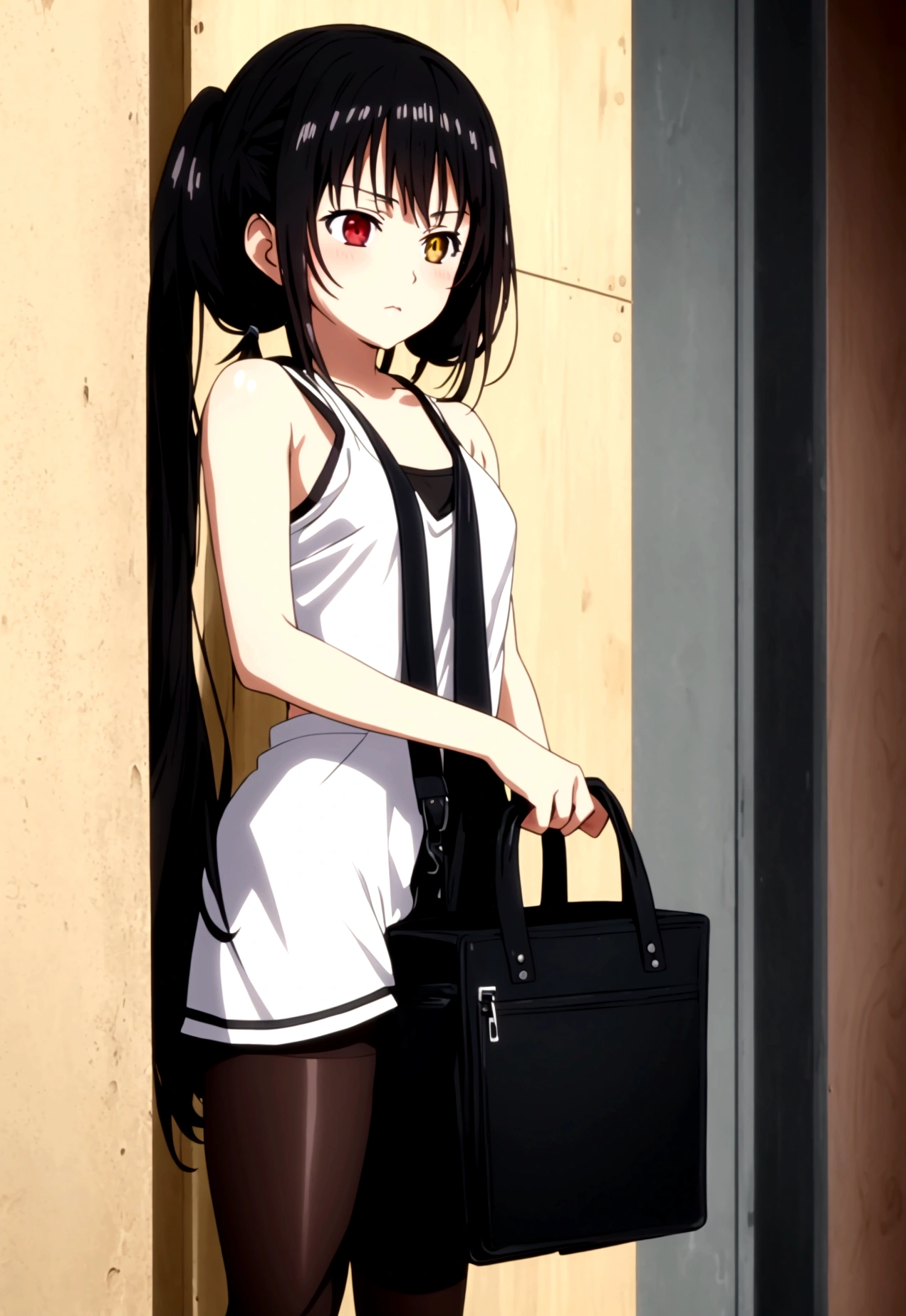 ultra-detailed,highly detailed,best quality,masterpiece,illustration, 
a beautiful anime girl with black hair in twintails, heterochromia, wearing a wet white tank top and black shorts, standing in a doorway, waving, sweating, blushing, anime style