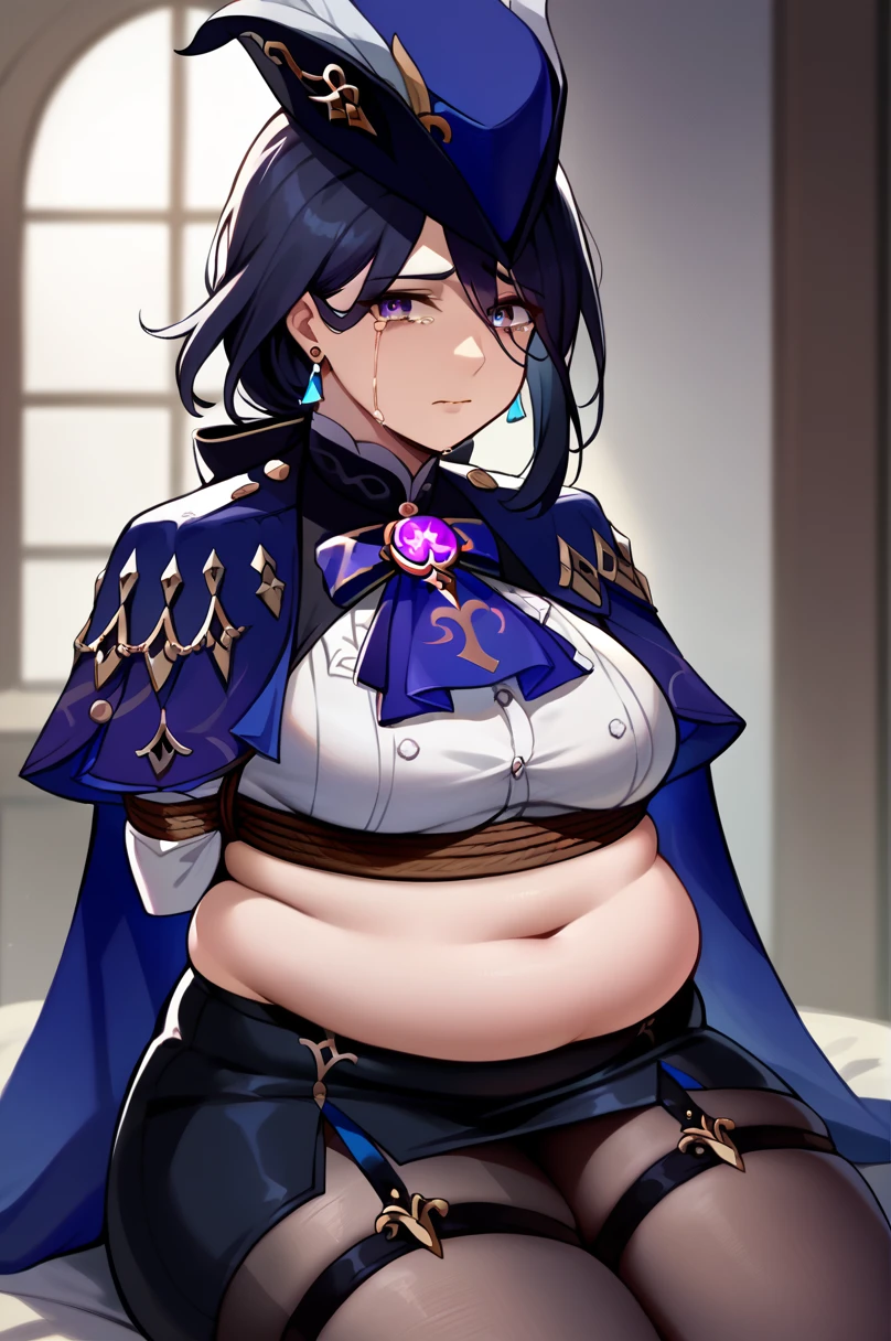 score_9, score_8_up, score_7_up, source anime, 1girl, clorinde \(genshin impact\), tricorne, black pantyhose, earrings, blue cape, white gloves, pencil skirt, white shirt, thigh strap, underbust, ascot, black jacket, depth of field, cowboy shot, sad, crying, looking at viewer, (chubby), chubby belly, fat rolls, belly hang, bondage, tied up, restrained, restricted, tied, harness, rope, arms behind back, hands behind back, sad, crying, looking at viewer, (chubby), chubby belly, fat rolls, belly hang, holding her belly, sitting in a chair