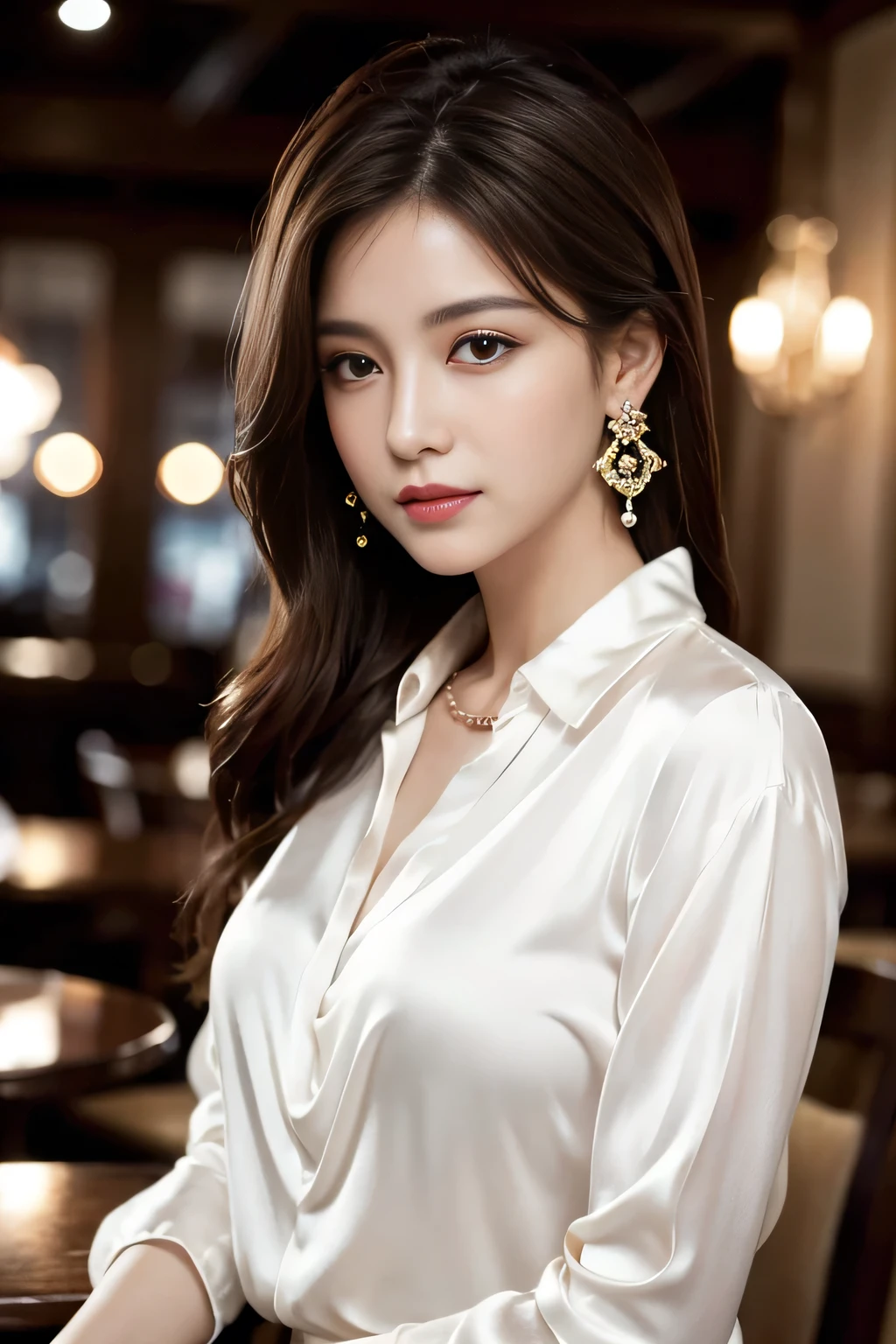 masterpiece, Highest quality, Realistic, Very detailed, Finer details, High resolution, 8k wallpaper, One beautiful woman, Wear a white silk shirt, In a great restaurant, At night, Light brown messy hair, Perfect dynamic composition, Beautiful and beautiful eyes、Big earrings、