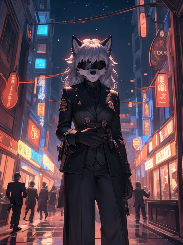 a single wolf girl with a black suit standing in middle of the night with a gun, 1girl, humanoid, anthro girl, furry girl, wolf ears, white hair, black blindfold, night in the city, poker face, eyeless, black suit, beautiful background, 4k, insanely detailed, beautifully lit, masterpiece, best quality, ultra-detailed