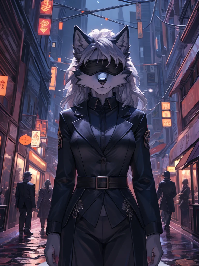 a single wolf girl with a black suit standing in middle of the night with a gun, 1girl, humanoid, anthro girl, furry girl, wolf ears, white hair, black blindfold, night in the city, poker face, eyeless, black suit, beautiful background, 4k, insanely detailed, beautifully lit, masterpiece, best quality, ultra-detailed