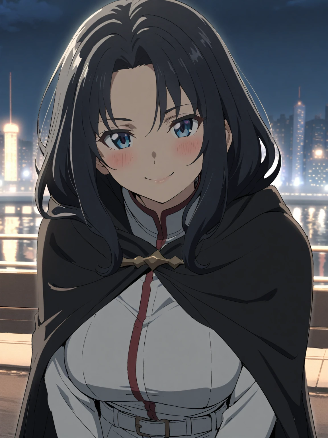 {{upper body}} {{Artist: sincos}} 1girl, mature female, blue eyes, black hair, white jumpsuit, white belt, black cape, white gloves, bright smile, outdoors, night, city background