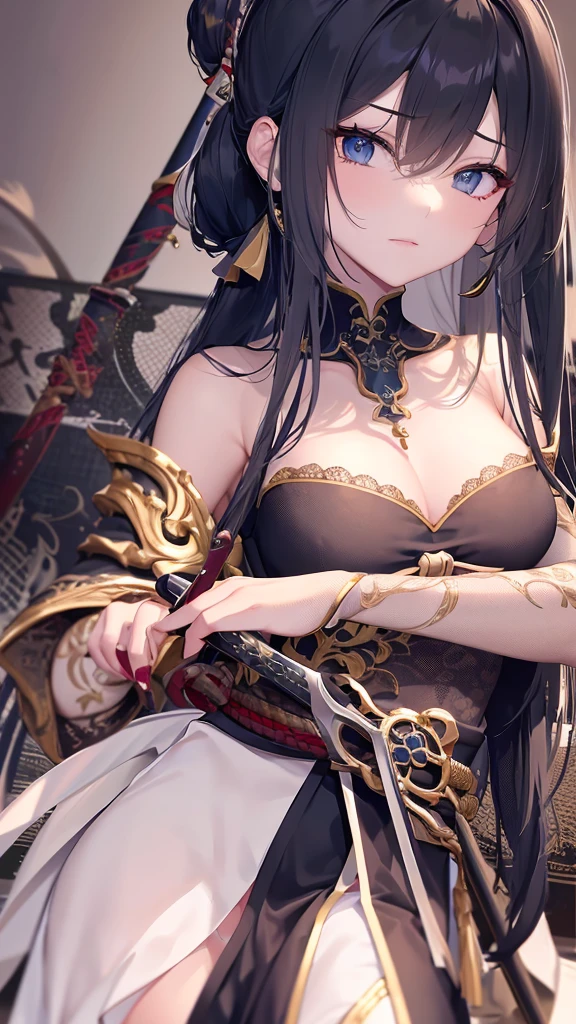 Close-up of a person holding a sword in a dark room, she is holding a knife sword, knife, unsheathing her knife, Works inspired by Kano Hogai, Maid, dramatic wielding knife pose, knife zero, very beautiful cyberpunk samurai, Fox warrior with a naginata knife, With a big sword