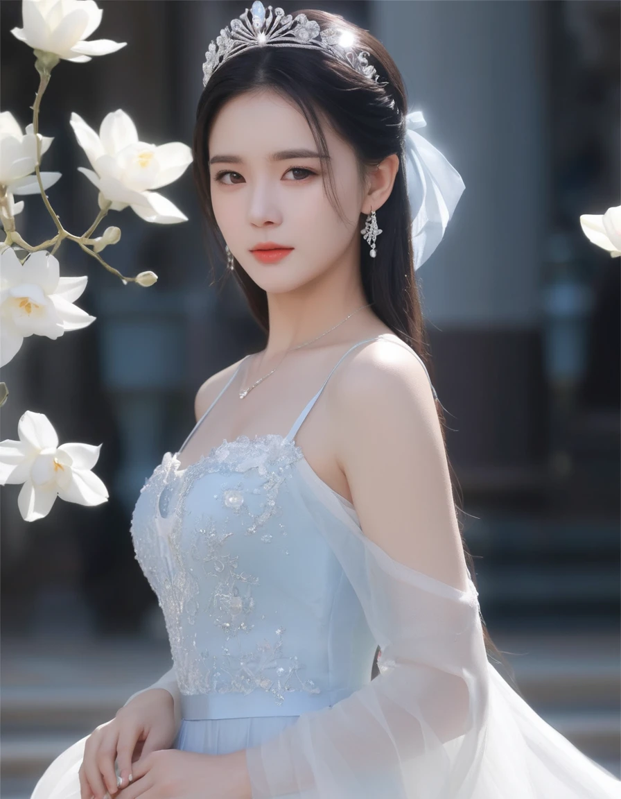 8K,raw,1girl, (white dress), (queen dress), tiara, white flower, sunlight, UHD, high details, highres, 16k, high quality, best quality, super detail, textured skin, masterpiece, accurate, anatomically correct, award winning, black hair, long bob style, medium hair, (pale blue eyes: 1.4),longeyelashes, pupils sparkling,
 