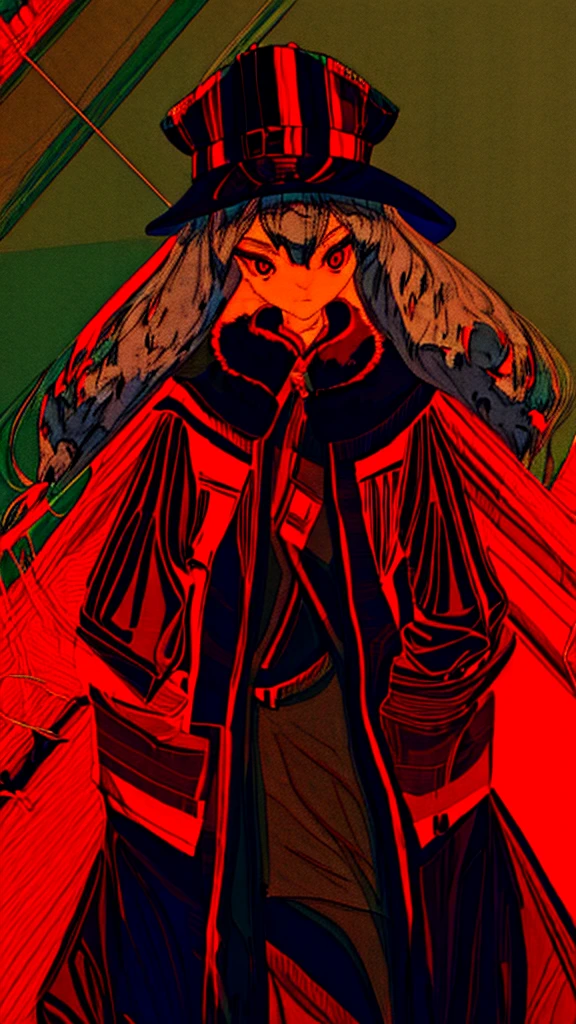 Gray Hair,Girl,Poker face,flat chest,Black Kimono,serious,solo,coat,red eyes,expressionless, expressionless eyes,no hair ornament,no hat,