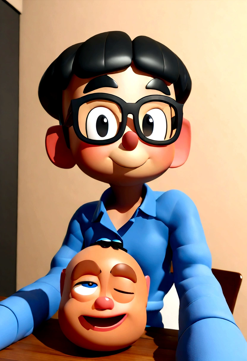 Cartoon character of a man in black glasses and blue shirt, an animated character, stylized character, animation style rendering, 3d stylized, Arnold Maya rendering, Stylized 3D rendering, toon render screenshot, 3d character, 3d character, Stylized 3D rendering, 3D character rendering, cartoon character, Personagem de close up, character posing, (Pixar-style) (master part:1.2) (bokeh) (best qualityer) (skin detailed) (detailed texture) (8K) (Argilla) (cinematic lighting) (sharp focus,Sit down and lift your upper body