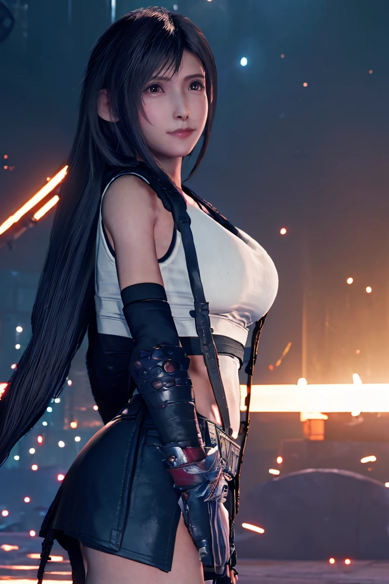 masterpiece, BSET quality,big, (1 Girl), Tifa Lockhart, red_eye, Black Hair, Long Hair, Shiny skin, shiny big, ((Highest quality)), Sharp focus: 1.2, Highly detailed face and skin texture, detailed eye, Perfect Face, Perfect body,Cleavage,art, CG, Blur the background, big with presence, (20-year-old, A cool and beautiful mature face), wear ((Suspender Black Skirt)),(( black elbow gloves, White tight shirt, thigh, White tank top, belly button, blush)), fountain, floating island, Upper Body, smile, Professional Light Source, Natural light,Fluttering Hair, From behind, Random Angle,Bring your arms together