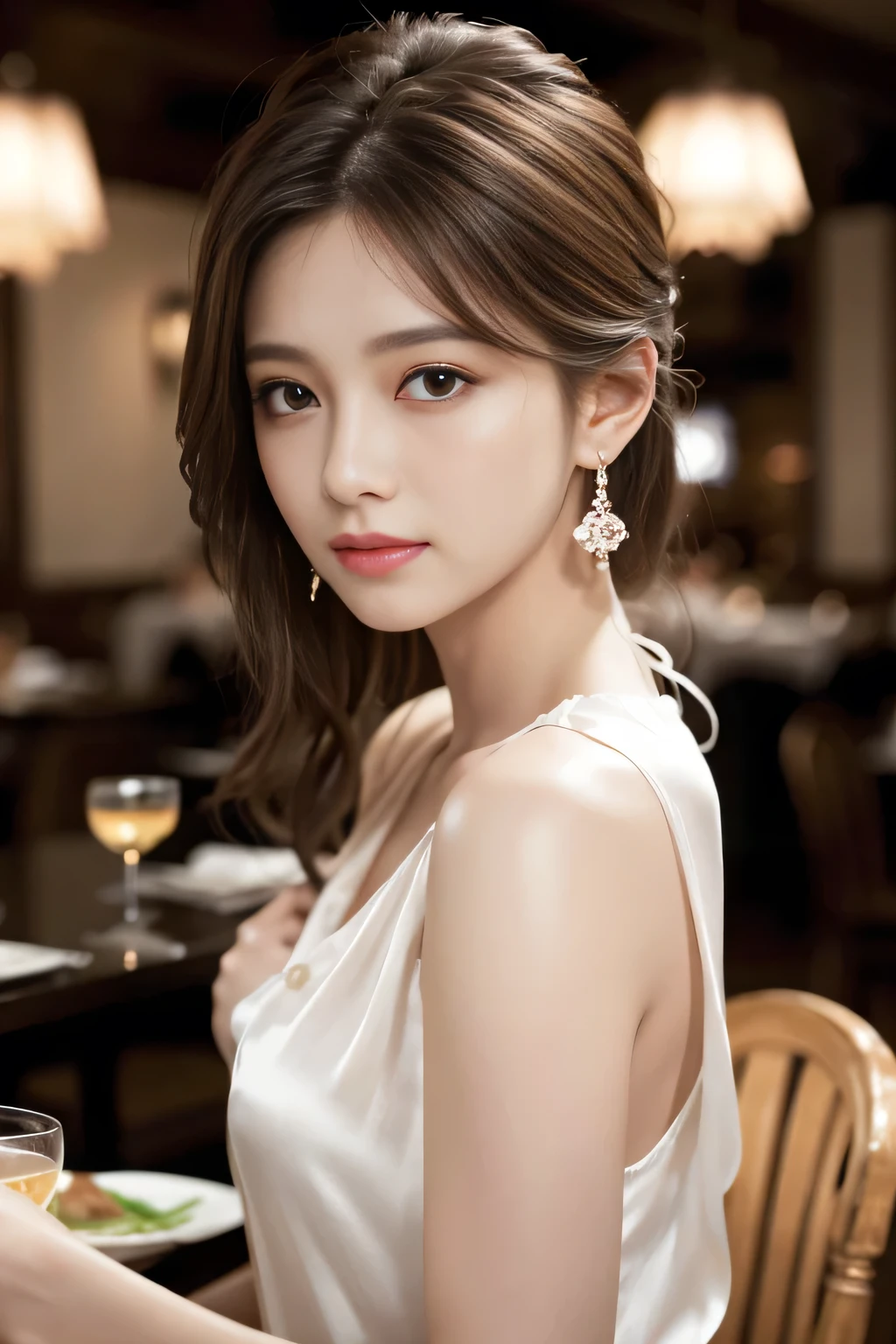 masterpiece, Highest quality, Realistic, Very detailed, Finer details, High resolution, 8k wallpaper, One beautiful woman, Wear a white silk shirt, In a great restaurant, At night, Light brown messy hair, Perfect dynamic composition, Beautiful and beautiful eyes、Big earrings、Sleeveless shirt、、
