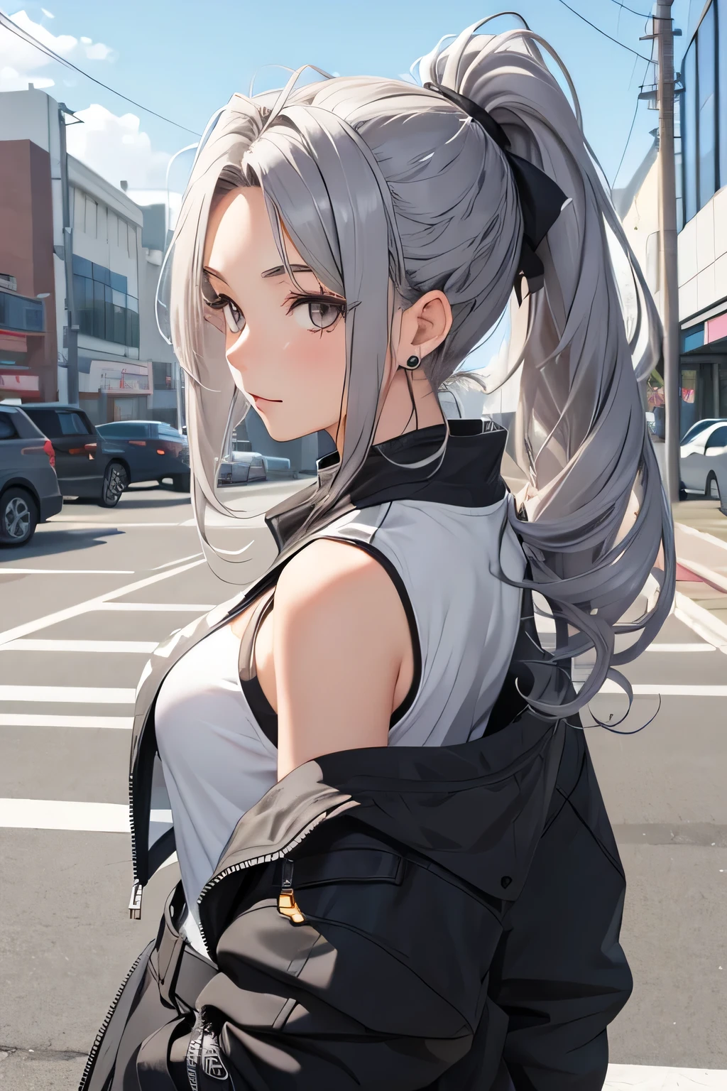 girl, 18 years old, gray windblown hair, ponytail, gray eyes, idol outfit