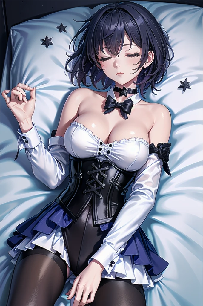 Masterpiece, Beautiful art, professional artist, 8k, Very detailed face, Detailed clothing, detailed fabric, 1 girl, Soul Fullness \(Honkai Impact 3rd\), View from above, lying on the ground, BIG BREASTS, perfectly drawn body, sleeping expression, Closed eyes, pale skin, beautiful face, short dark blue hair, pink cheeks, choker:1.6, (white long sleeve button down shirt with white collar), black gloves, gloves that cover hands, (black leather corset), (shiny black leggings), Sensual Lips , winter night, dark forest, Atmosphere, fog, At night