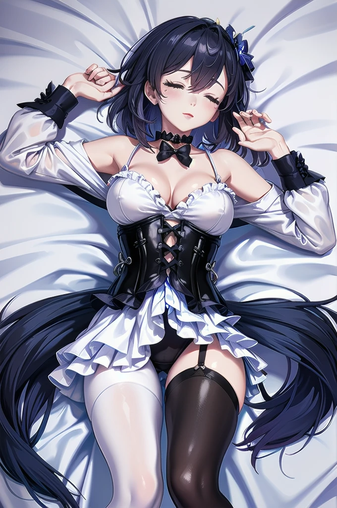Masterpiece, Beautiful art, professional artist, 8k, Very detailed face, Detailed clothing, detailed fabric, 1 girl, Soul Fullness \(Honkai Impact 3rd\), View from above, lying on the ground, BIG BREASTS, perfectly drawn body, sleeping expression, Closed eyes, pale skin, beautiful face, short dark blue hair, pink cheeks, choker:1.6, (white long sleeve button down shirt with white collar), black gloves, gloves that cover hands, (black leather corset), (shiny black leggings), Sensual Lips , winter night, dark forest, Atmosphere, fog, At night