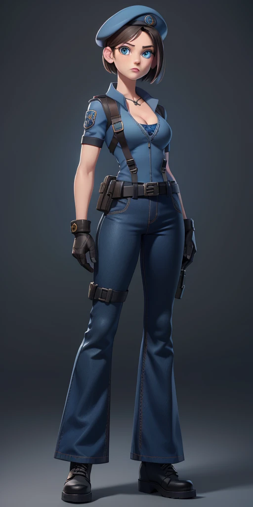 Jill Valentine, masterpiece, best quality, 1girl, solo, standing, jillre1, beret, uniform, shoulder pads, short sleeves, harness, belt, bell-bottom blue pants(Wide flares on pants:1.2), cleavage, black combat boots, full body, perfect blue eyes, perfect red mouth,
