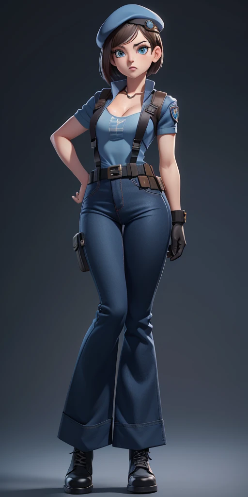 Jill Valentine, masterpiece, best quality, 1girl, solo, standing, jillre1, beret, uniform, shoulder pads, short sleeves, harness, belt, bell-bottom blue pants(Wide flares on pants:1.2), cleavage, black combat boots, full body, perfect blue eyes, perfect red mouth,
