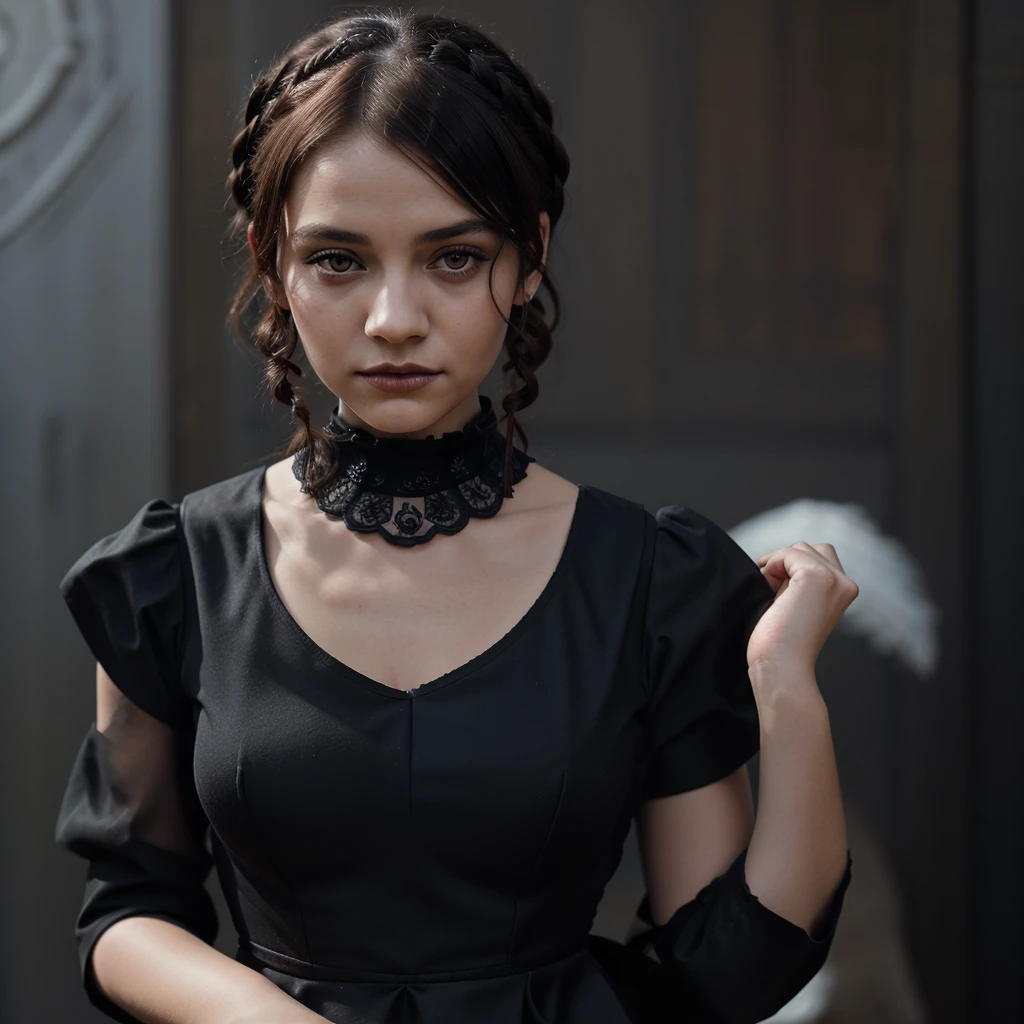 Arafed woman with braids and a black dress with a white collar., wednesday addams,  Wednesday Addams, school girl in gothic dress, portrait of cute gothic girl, with black pigtails, 1 7 - year - old gothic girl, gothic girl, portrait of a sinister girl, gothic girl de ensueño, gothic girl vestida de negro, Wednesday Addams 