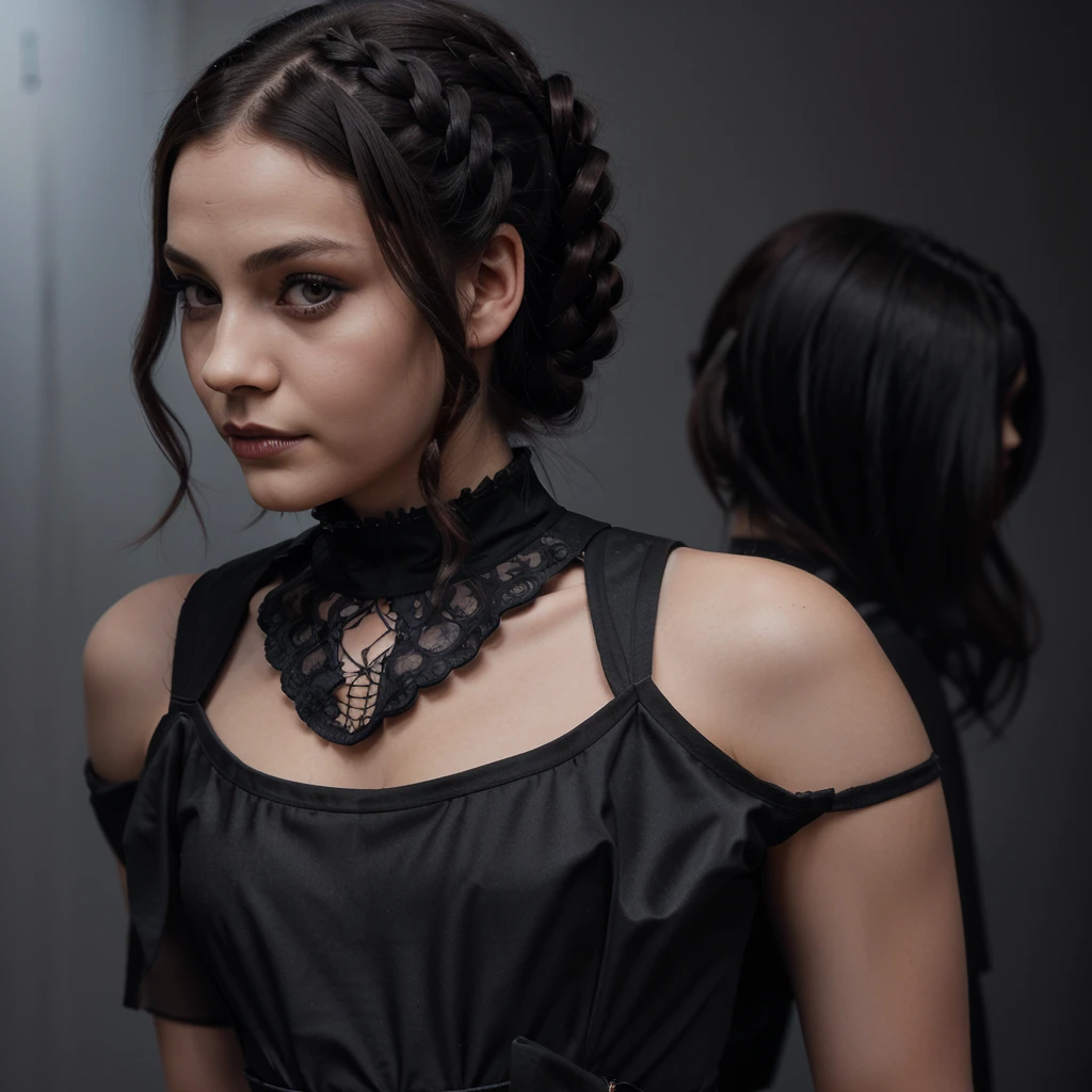 Arafed woman with braids and a black dress with a white collar., wednesday addams,  Wednesday Addams, school girl in gothic dress, portrait of cute gothic girl, with black pigtails, 1 7 - year - old gothic girl, gothic girl, portrait of a sinister girl, gothic girl de ensueño, gothic girl vestida de negro, Wednesday Addams 