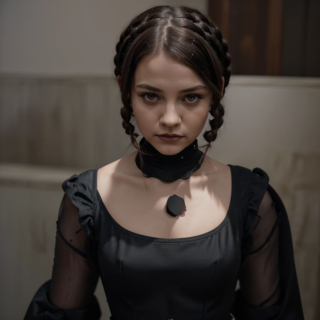 Arafed woman with braids and a black dress with a white collar., wednesday addams,  Wednesday Addams, school girl in gothic dress, portrait of cute gothic girl, with black pigtails, 1 7 - year - old gothic girl, gothic girl, portrait of a sinister girl, gothic girl de ensueño, gothic girl vestida de negro, Wednesday Addams 