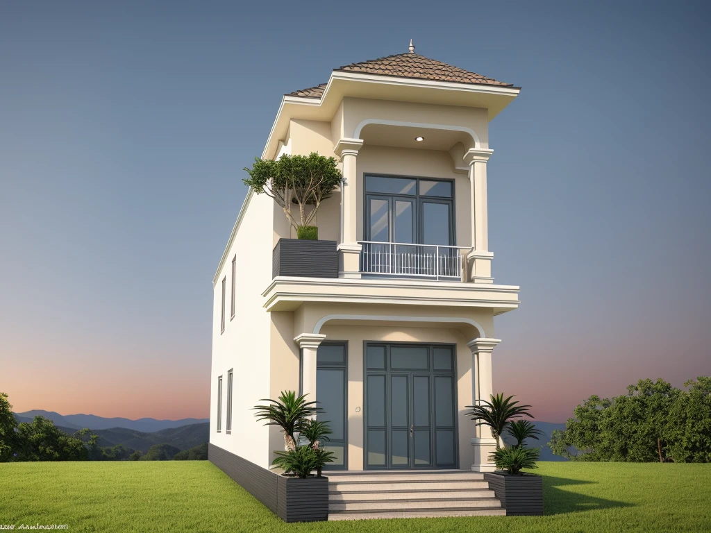 PLATFORM KTHOUSE, neoclassical villa, main materials of the villa are white walls: 1.2 and stone: 1.2, ((stone fence : 1.2)), 1 track in front of the house, (RAW photo, real, best quality, masterpiece: 1.2 ), neoclassical style, blue sky :1.3, (super realistic, actual photo:1.2), high quality, (sunrise light:1.3), perfect lighting, Archdaily, (many green trees)