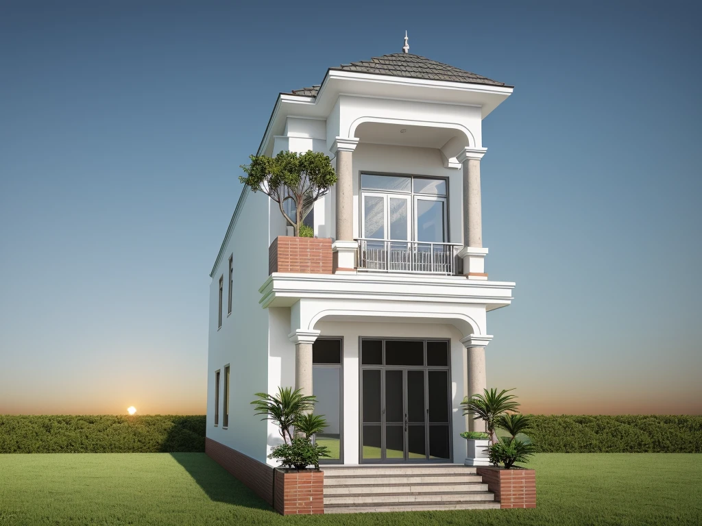 PLATFORM KTHOUSE, neoclassical villa, main materials of the villa are white walls: 1.2 and stone: 1.2, ((stone fence : 1.2)), 1 track in front of the house, (RAW photo, real, best quality, masterpiece: 1.2 ), neoclassical style, blue sky :1.3, (super realistic, actual photo:1.2), high quality, (sunrise light:1.3), perfect lighting, Archdaily, (many green trees)