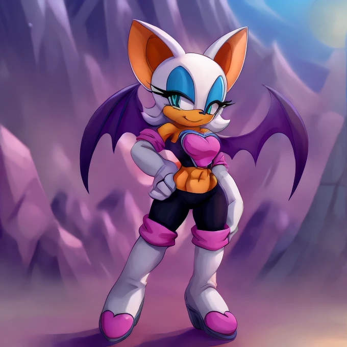 gloves, boots, rouge the bat is wearing a crop top of her default outfit with a bare midriff, a bare navel and Rock hard abs, digital artwork, ((masterpiece)), ((4k)), ((perfect face)), trending on artstation, furry style, hands on her hips