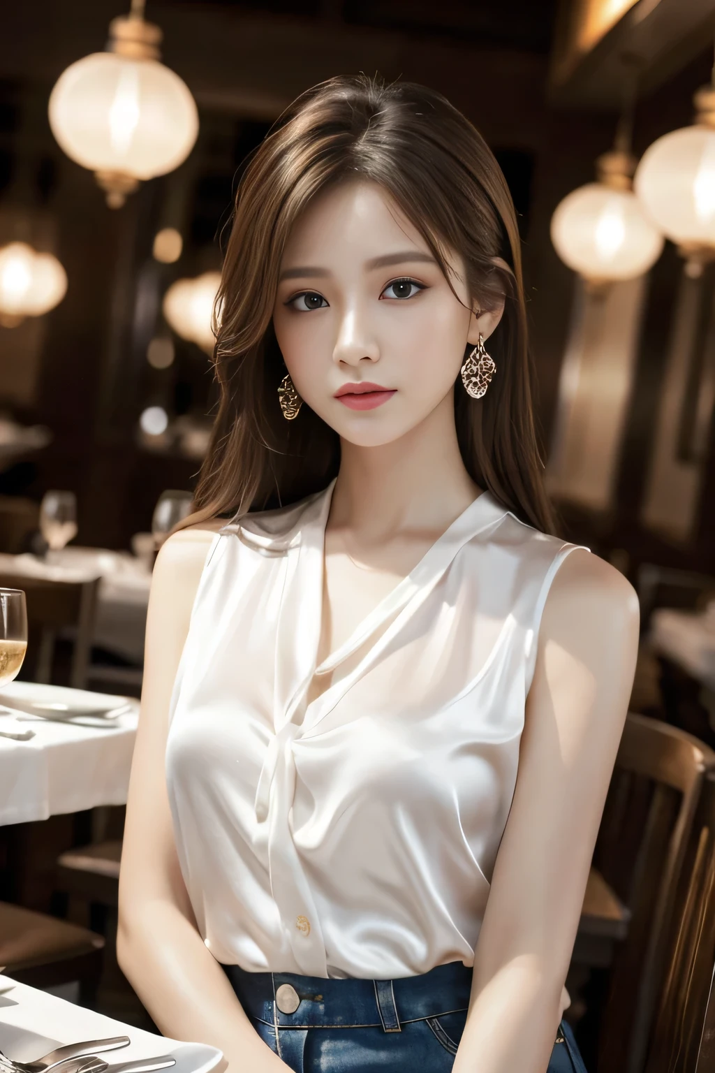 masterpiece, Highest quality, Realistic, Very detailed, Finer details, High resolution, 8k wallpaper, One beautiful woman, Wear a white silk shirt, In a great restaurant, At night, Light brown messy hair, Perfect dynamic composition, Beautiful and beautiful eyes、Big earrings、Sleeveless shirt、