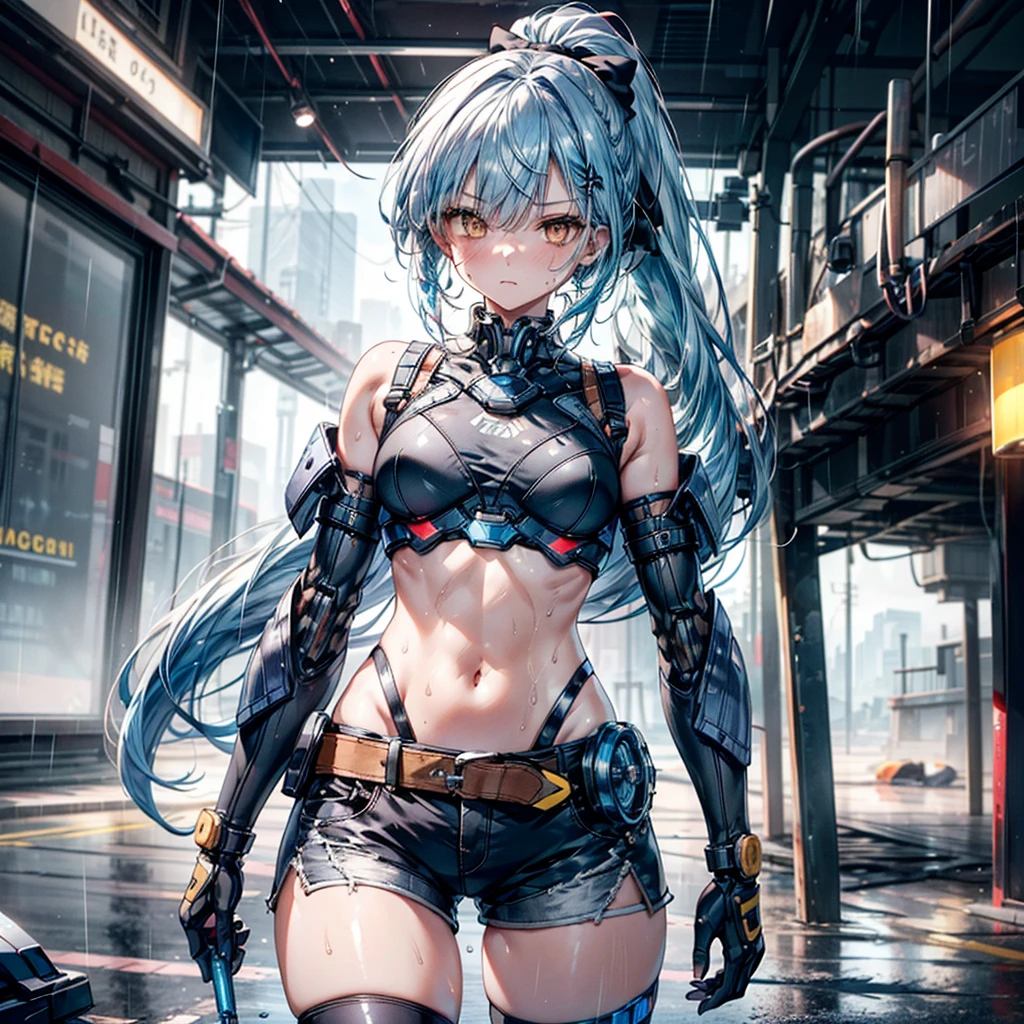 ((Highest quality,masterpiece,detailed,4K)), a girl with blue hair and a top with short sleeves holding a screw driver, 1girl, 独奏, mechanical parts, (mecha), Mecha legs, long hair, blue hair, navel, gloves, shorts, breasts, sweat, wrench, short shorts, very long hair, underwear, panties, holding, belt, arm up, ponytail, small breasts, blurry background, gray sky, rain, looking at viewer, black gloves, sports bra, bow, bare shoulders, bangs, cowboy shot, yellow eyes, midriff, hair bow, (expressionless), face focus