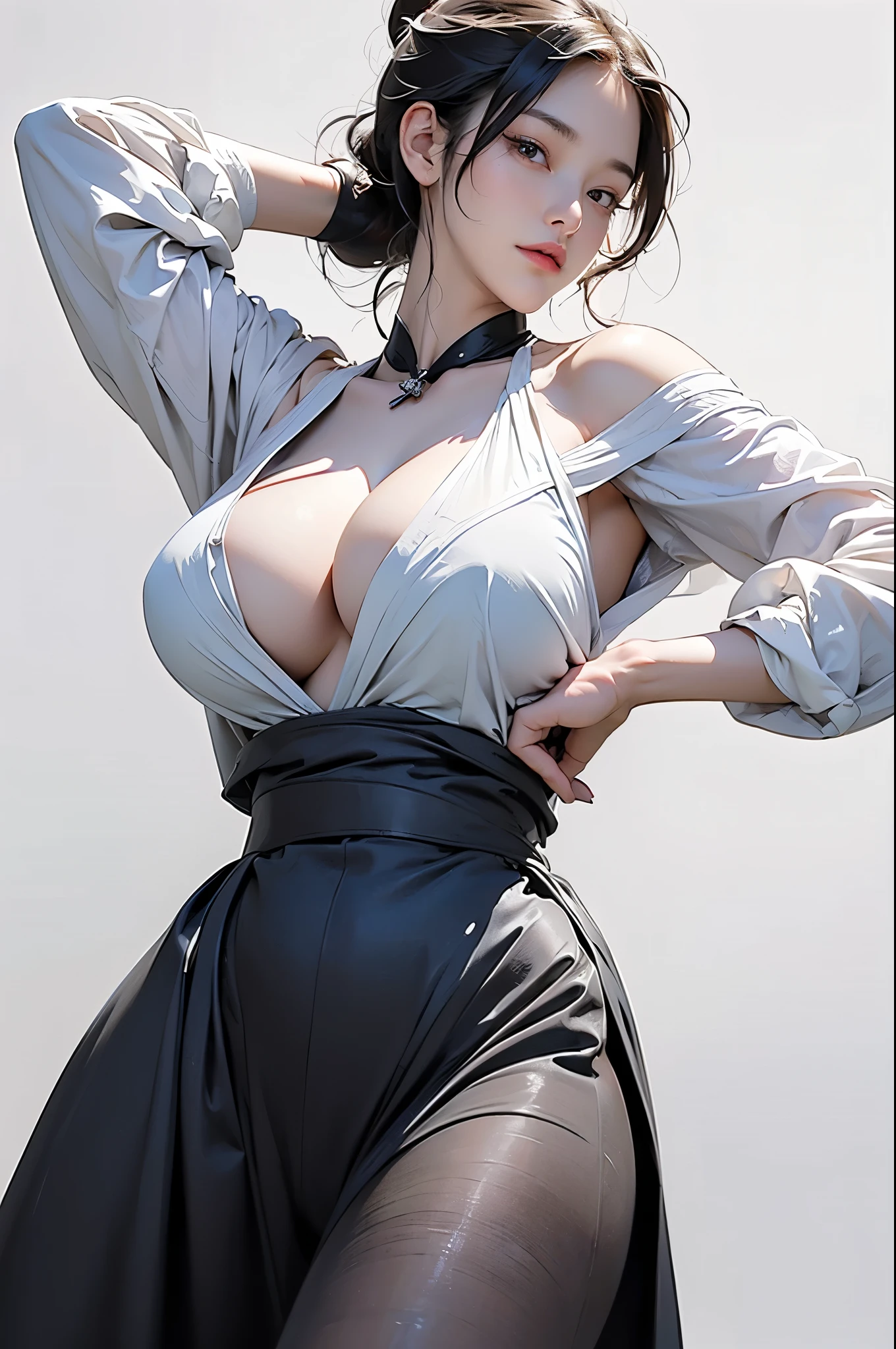 (masterpiece,best quality,Extremely detailed,high resolution,illustration:1.2),Extremely detailed的壁纸,Official Art, Astonishing,High Detail,Extremely detailed,Extremely detailed 8k wallpaper,(Character Design Sheet),(Simple background, White background: 1.3),(1 Girl),(Solitary),(Mature woman:1.2),(Plug set),Perfect anatomical structure,Pretty Face,High Ponytail,Large Breasts,Cowboy shooting,permanent,Looking at the audience,huge , Crazy breast swelling, Chest larger than shoulder blades, Big breasts and thin waist,(huge breasts:1.2),Hydrated skin((rogue))((非常huge乳房)),((Grooves reveal original skin))