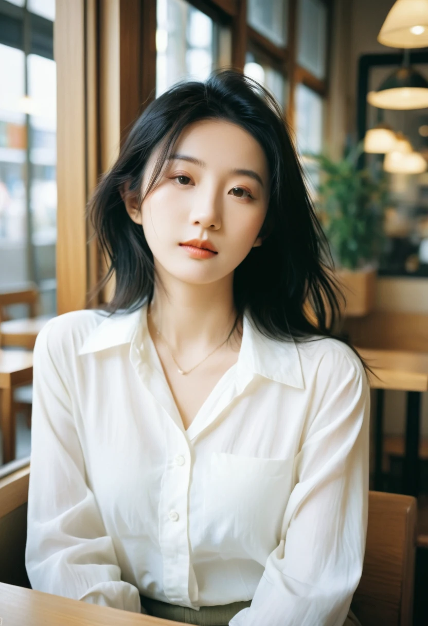 A real Japanese girl in her 20s。Photorealistic portrait of a young Japanese woman、She has long black hair and natural make-up.。Wearing a casual white blouse、Sitting in a modern cafe in Tokyo。The soft light from the window illuminates her.。Limit exposure of chest and nape。