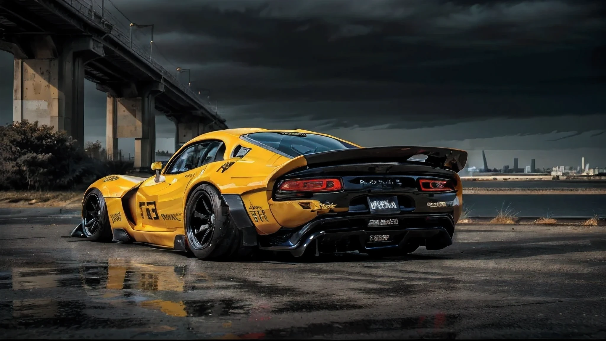 ((Dodge Viper GTS-R)), ((JonSibal design works Body Kit)), ((rear wing spoiler)), blacked out, front bumper splitters, side skirts, flared wheel arches, ((ominous looking)), (yellow racing alloy rims), ((lowered racing suspension)), high performance racing tyres, outdoors((gloomy sunset)) Wide angle lens, cgsociety, artstation, cgi, photorealistic, cinematic lighting, offset noise, ground shadows and reflections, 4k, inspired by dystopian cyberpunk, HDR studio light, {{supreme aerodynamics for maximum downforce}}, 3ds max, corona renderer, perfectly coloured, jaw dropping, sensational, menacing look, headlights on, ((parked on a bridge)), 4k wallpaper, ((dusk scene)), sunset, high spec automotive concept art, reflective ground shadows, symmetrical design, CGI, moody and atmospheric, trending on artstation, behance contest winner, cgsociety, imaginative design and craftmanship,