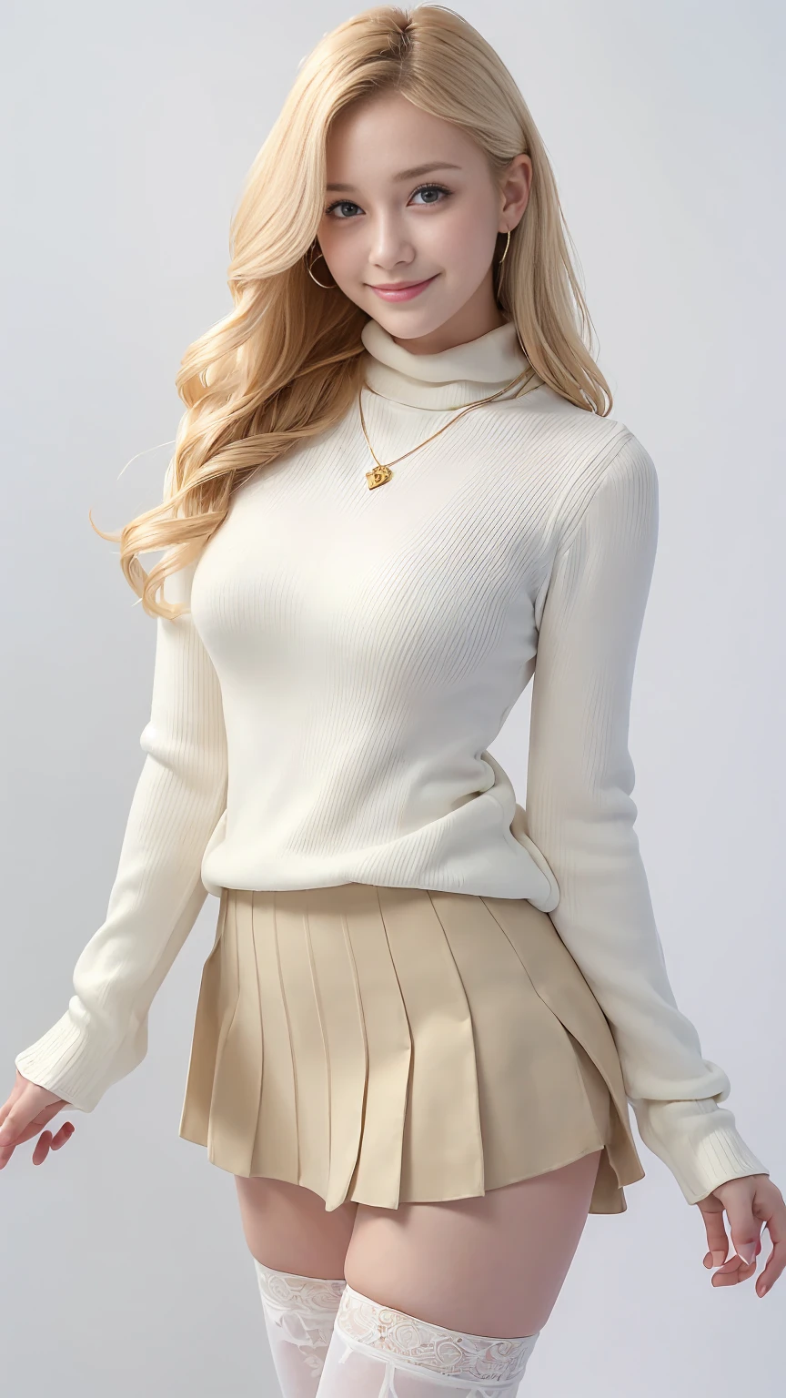 (((White background、Russia、Northern Europe、White people)))、forehead、23 years old, Long white blonde wavy hair、Beige turtleneck sweater, Puffy nipples、long pleated skirt of dark blue color,,Medium Milk, Cute Smile、(lean forward to emphasize the chest)、、Beautiful Necklace、Black high heels、sexy lace panties、