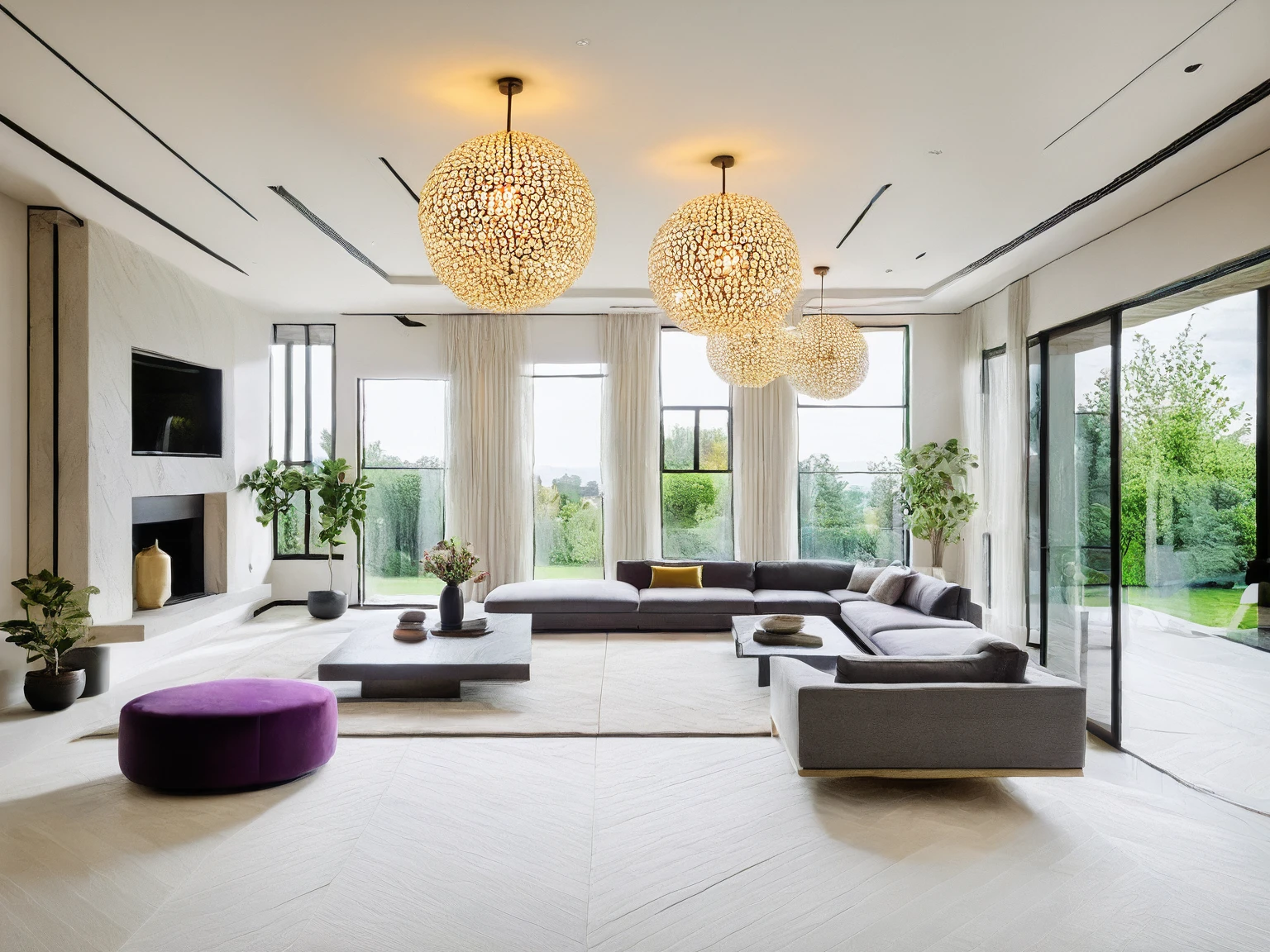 Raw photo, Masterpiece, high quality, best quality, authentic, super detail,
indoors, living room style modern, windows, ceiling lights, chandeliers, minimalist line, vivid color,