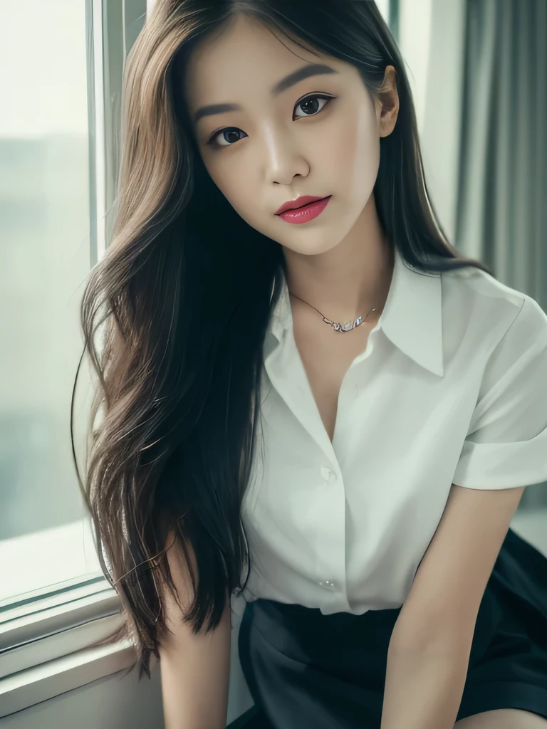 ((top-quality, 8K, masterpiece:1.3)), beautiful Girl, pure, Melon face, gentle and cute, A sweet smile, pure lust, slender figure, (The upper part of the body), (frontage), (tilted head), Look directly at the camera, Uniforms, white shirt, blue skirt, obi, Formal, Black silky long straight hair, long hair flowing over the shoulders, round black big eyes, clear big eyes, Wet red lips, Dolce, sitting on bed, Window sill background, Random body orientation,