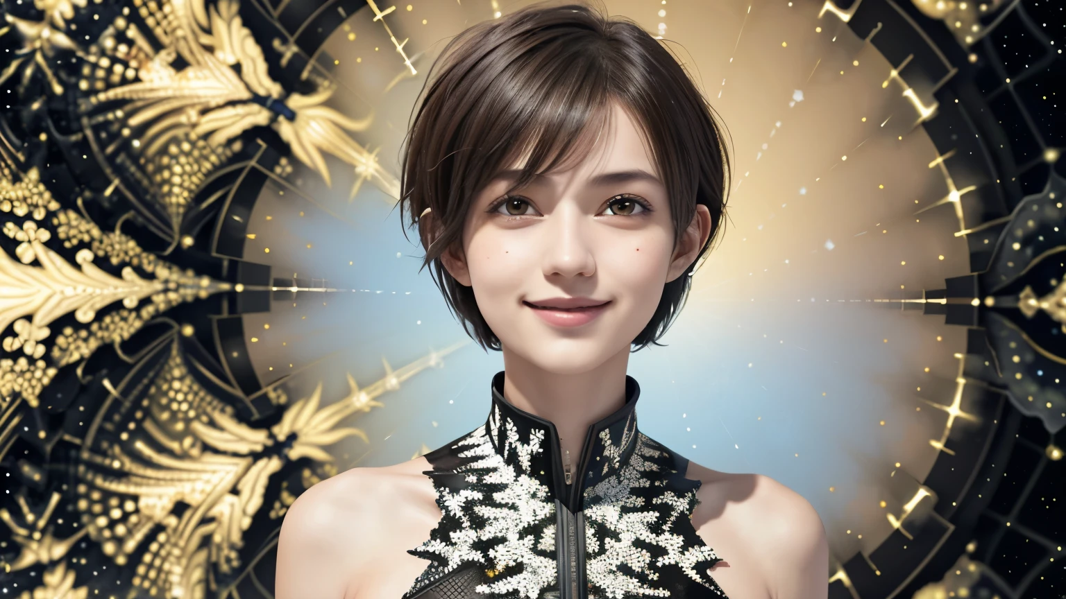 256 19-year-old female, (short hair),(Abstract background,Fractal Art:1.46), smile