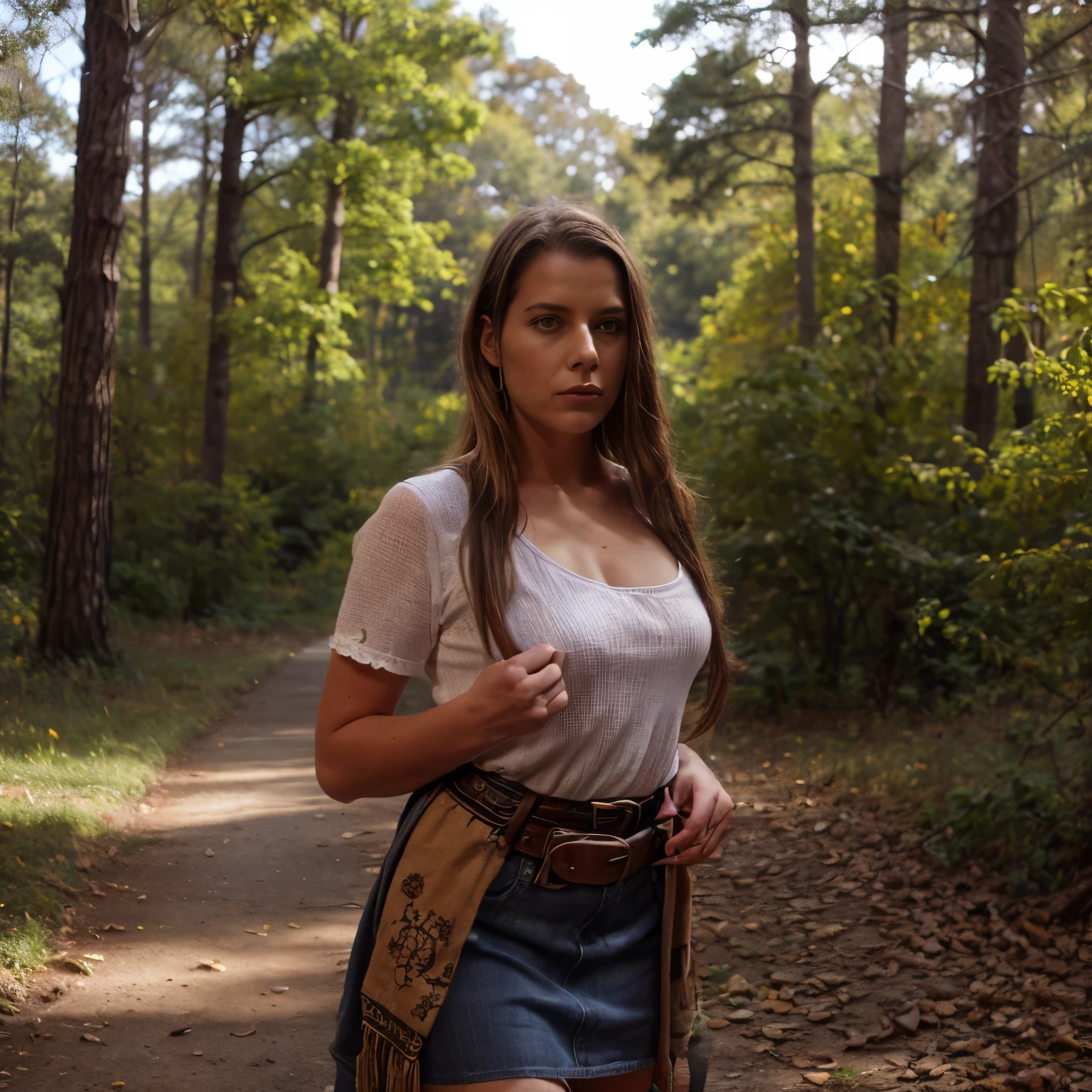 Autumn Scene
Prompt:
In a dense forest painted with the colors of autumn, LaGermania moves with purpose. She wears a woven bark skirt and a tunic made from soft animal hide, both decorated with autumnal motifs and symbols. Her hair is braided and adorned with beads and feathers that catch the light of the setting sun.
In her hands, she holds a wooden bow, beautifully carved and strung with sinew. A quiver of arrows hangs at her side, each one carefully crafted and fletched with feathers. A woven pouch on her belt contains dried herbs and a flint for starting fires.
The forest floor is covered in a carpet of fallen leaves, their colors ranging from golden yellow to deep red. The air is crisp and filled with the earthy scent of the forest. Mushrooms grow at the base of trees, and squirrels can be seen gathering nuts in preparation for winter.
Story:
Autumn is a time of preparation, and LaGermania is on a hunting trip to ensure her family has enough food for the winter. She moves silently through the forest, her senses attuned to the slightest sounds and movements. Her bow is ready, and she waits patiently for the right moment. She spots a deer grazing in a clearing and draws her bow with a steady hand. The hunt is successful, and she offers a prayer of thanks to the spirit of the deer. She knows that every part of the animal will be used, from the meat for food to the hide for clothing and shelter. As she prepares to return home, she gathers mushrooms and nuts, adding to the bounty of the season. The forest is alive with color and life, a reminder of the cycles of nature and the balance between taking and giving.