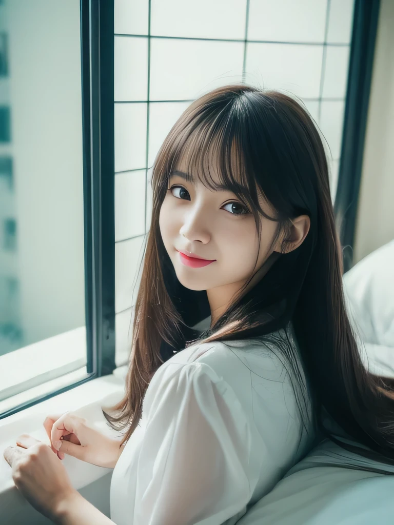 ((top-quality, 8K, masterpiece:1.3)), beautiful Girl, pure, Melon face, gentle and cute, A sweet smile, pure lust, slender figure, (The upper part of the body), (frontage), (tilted head), Look directly at the camera, Uniforms, white shirt, blue skirt, obi, Formal, Black silky long straight hair, long hair flowing over the shoulders, round black big eyes, clear big eyes, Wet red lips, Dolce, sitting on bed, Window sill background, Random body orientation,