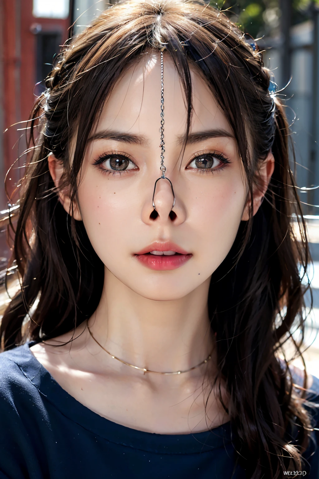 (nsfw:-2), (realistic, photo-realistic :1.4), (Highest quality, masterpiece:1.2), RAW photo, high resolution, intricate details, extremely detailed, realistic and sharp details, portrait, (bust shot, frontal photography:1.2 ), solo, a Japanese beautiful woman, pretty woman, detailed face, detailed eyes, beautiful pupils, sophisticated nose, pale skin, fine-textured skin, (nose hook), metal-collar, collarbone, shoulders, t-shirt, skirt, 