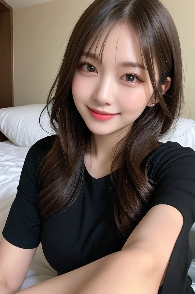 Selfie、Upper Body、Black clothes、Light clothing、Laughing、bed、Lying down、semi-long、Highest quality, figure, Super detailed, In detail, High resolution, 8k wallpaper, Perfect dynamic composition, Beautiful attention to detail, dress,Medium Hair, Small breasts、Natural color lip, Random sexy poses,smile,24-years-old