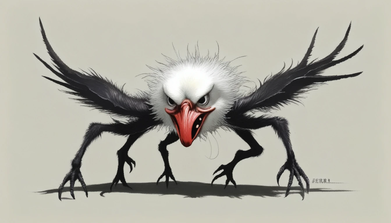 Creepy and scary creature designs、He has a fat, weird body.、Hands and feet with sharp claws、There are eyes on the face、Blood is dripping from his mouth、Darken overall、Has a frightening appearance、It appears in horror and suspense stories.、Symbolizing the fear of the unknown、A rotten, deformed mass is tangled at his feet.、Ostrich-like face、Whole body white