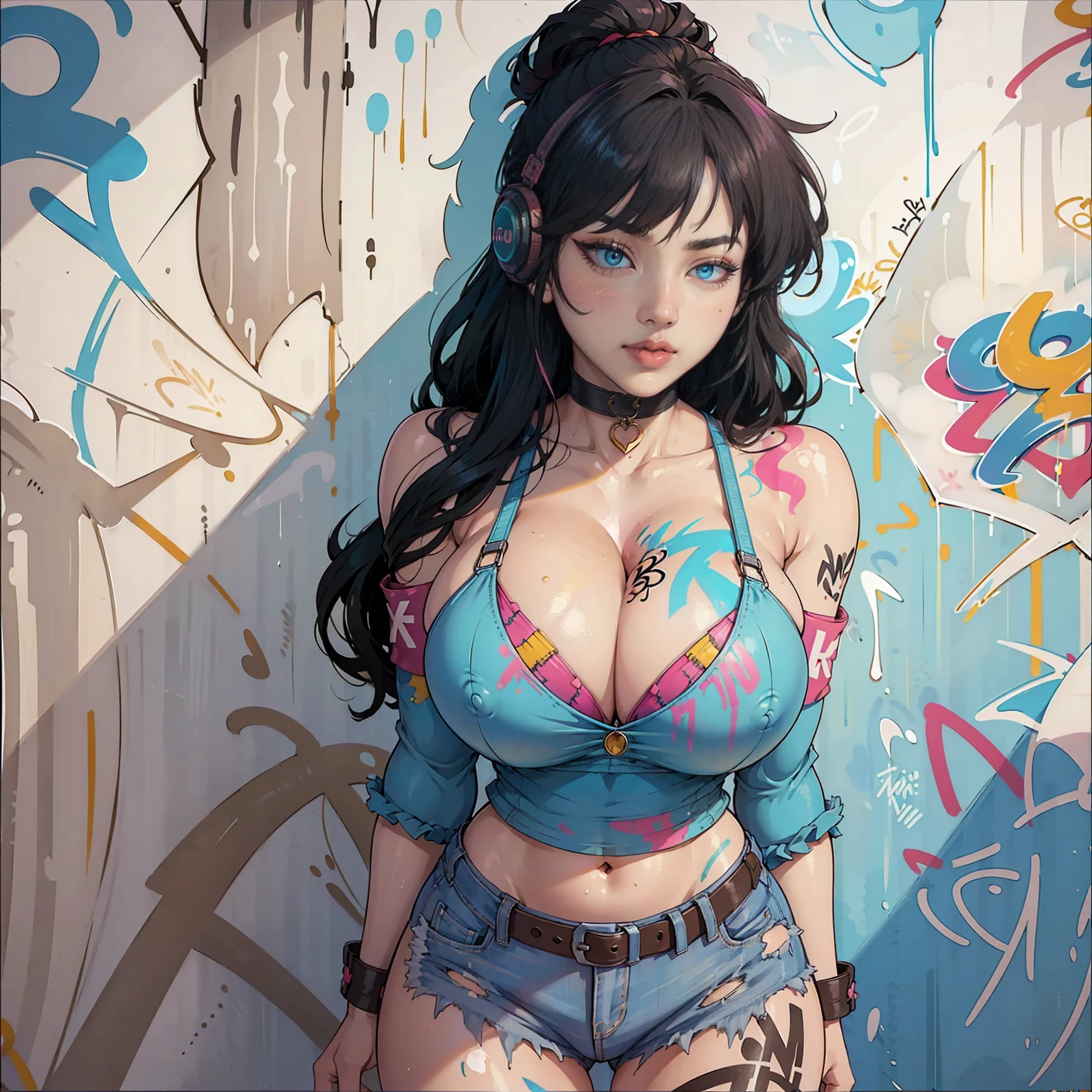masterpiece, best quality, 1girl, solo, crop top, ((colossal cleavage:1.3)), denim shorts, choker, (graffiti:1.5), paint splatter, arms behind back, against wall, looking at viewer, armband, thigh strap, paint on body, tattoed body, head tilt, shy, multicolored hair, aqua eyes, headset, peepshow, nipslip, she is looking down shy, cheeks flushed with shame.