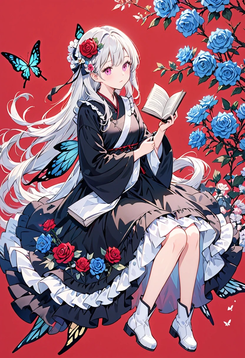 parameter (Black Theme),One girl, alone, flower, White Hair, Long Hair, wing, Red Background, pink flower, hair ornaments, Book, Pink Eyes, Sitting, hair flower, dress, Frills, Complex background, White footwear, View your viewers, bangs, flowerびら, Wide sleeves, whole body, blue flower, Holding, boots, Long sleeve, Mouth closed, very Long Hair, open Book, Wrist cuff, 黒い dress, Holding Book, butterfly wing, Rose, 青い Rose, blush, purple flower, frilled dress, fairy wing, Frills袖,