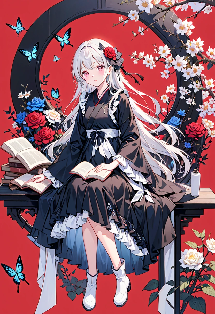 parameter (Black Theme),One girl, alone, flower, White Hair, Long Hair, wing, Red Background, pink flower, hair ornaments, Book, Pink Eyes, Sitting, hair flower, dress, Frills, Complex background, White footwear, View your viewers, bangs, flowerびら, Wide sleeves, whole body, blue flower, Holding, boots, Long sleeve, Mouth closed, very Long Hair, open Book, Wrist cuff, 黒い dress, Holding Book, butterfly wing, Rose, 青い Rose, blush, purple flower, frilled dress, fairy wing, Frills袖,