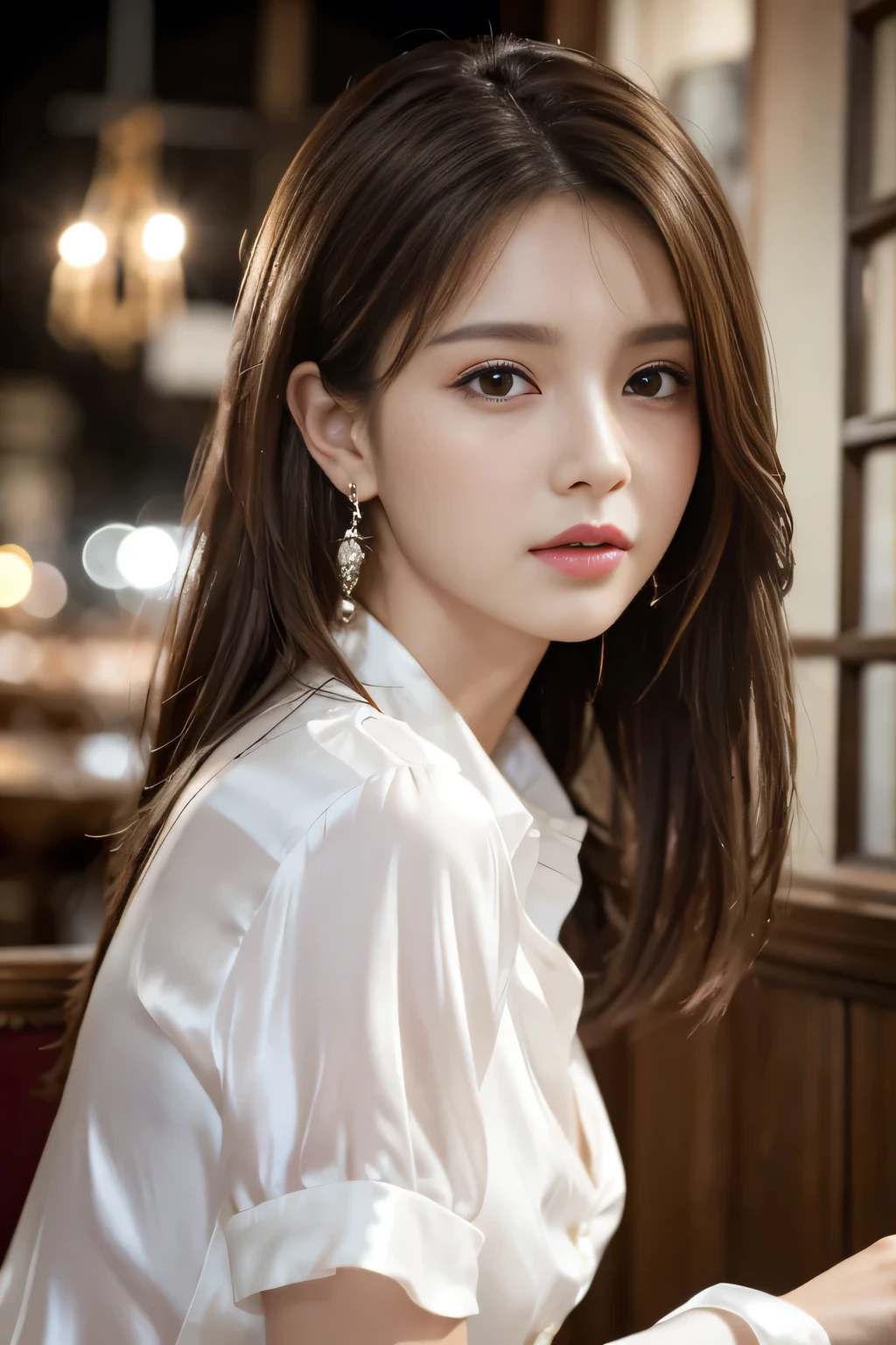masterpiece, Highest quality, Realistic, Very detailed, Finer details, High resolution, 8k wallpaper, One beautiful woman, Wear a white silk shirt, In a great restaurant, At night, Light brown messy hair, Perfect dynamic composition, Beautiful and beautiful eyes、Big earrings、