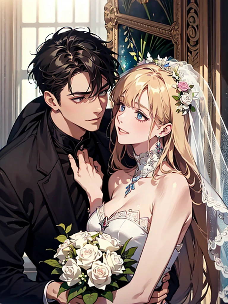 masterpiece, (absurdres, highres, ultra detailed), 1 young man, 1 young woman, wedding, bride, groom, two people, look at each other, smile, finely detailed eyes and detailed face, the lovers \tarot\, Symbolism, Visual art, Occult, Universal, Vision casting, Philosophical, Iconography, Numerology, Popularity, Artistic, Alfons Mucha