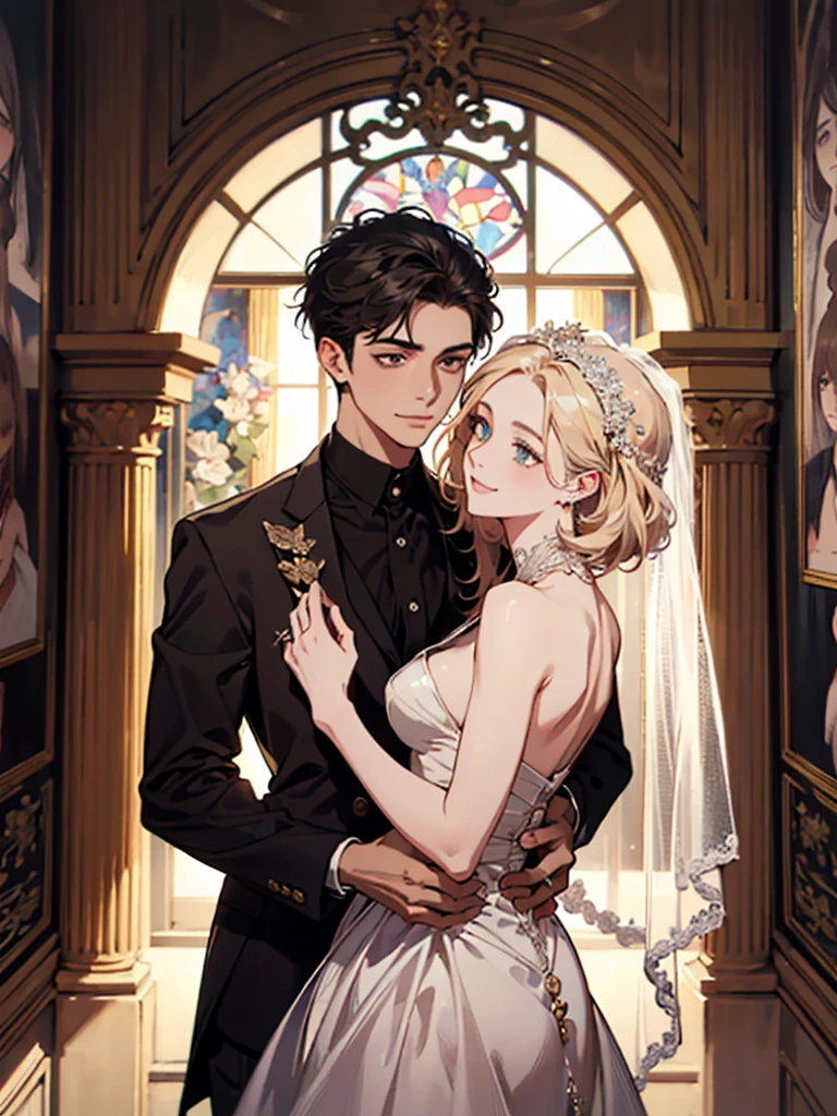 masterpiece, (absurdres, highres, ultra detailed), 1 young man, 1 young woman, wedding, bride, groom, two people, look at each other, smile, finely detailed eyes and detailed face, the lovers \tarot\, Symbolism, Visual art, Occult, Universal, Vision casting, Philosophical, Iconography, Numerology, Popularity, Artistic, Alfons Mucha
