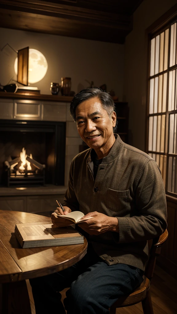 An old Asian man, about sixty years old, smiling appearance, mắt nhìn thẳng vào máy ảnh. He was sitting at a table with books and a place on the board. He was in a cozy room with a fireplace behind him and a large glass window behind which was a beautiful small golden moon., Comic book style, 4k rendering, uhd, acetate.