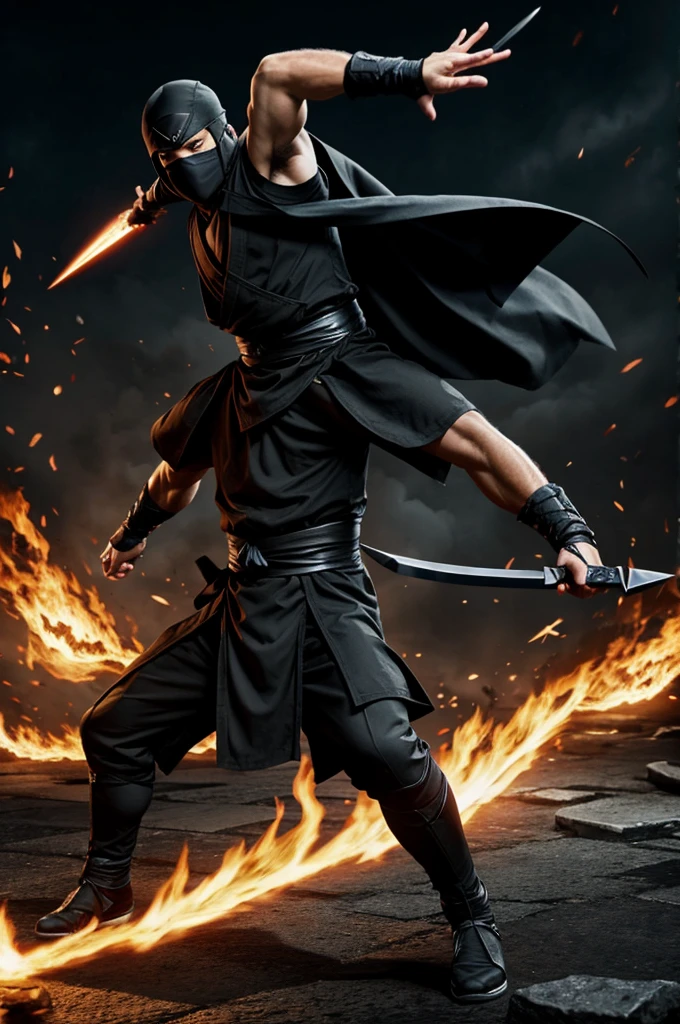 Create a black-clad ninja throws a shuriken while delivering a mortal blow