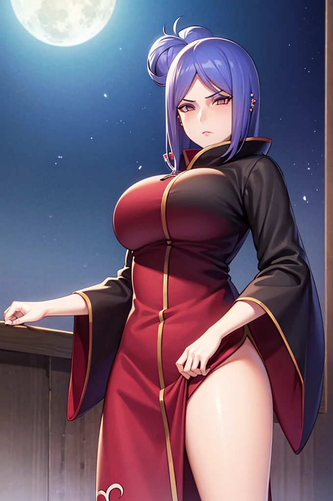 akatsuki robe with red clouds, piercings, looking at the viewer, blue hair, standing inside dark room, night time, busty, large breasts, high quality, 4k