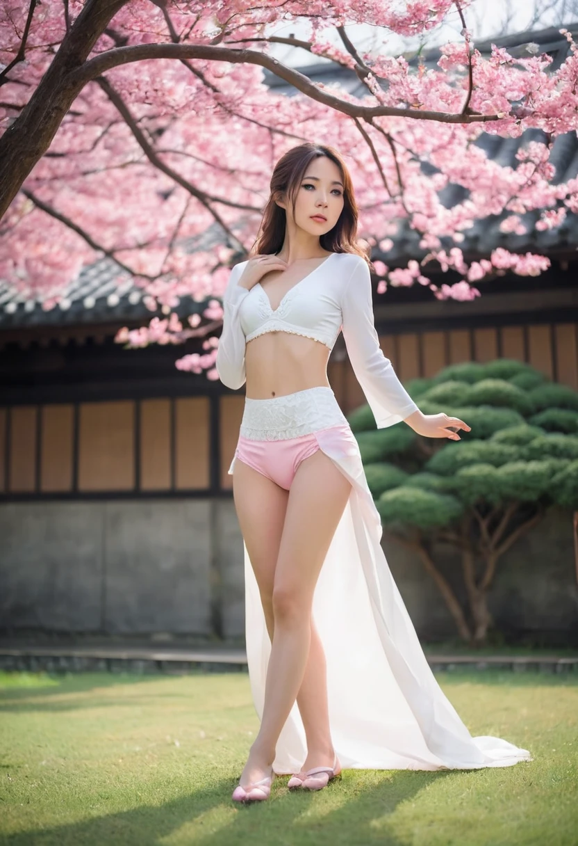 Japanese woman in white dress and pink panties, sexy girl, standing pose in the yard with both hands lifting the skirt