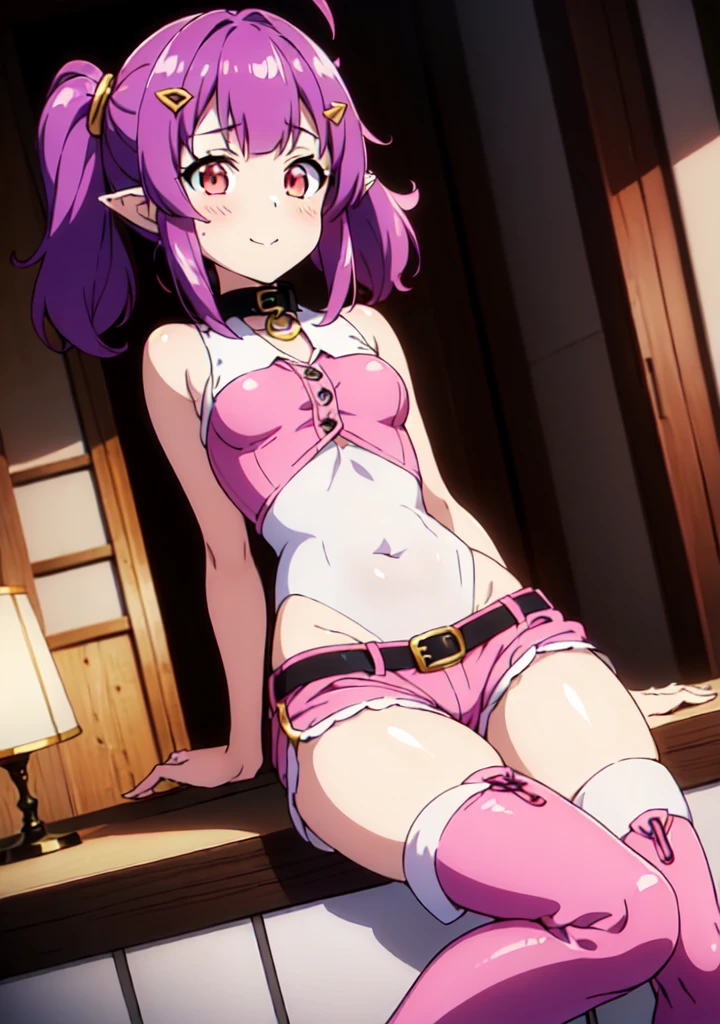 (short:1.4), ((sherry:1.6)), official anime artwork, official artwork, anime moe artstyle, dreamy psychedelic anime, anime wallaper, anime visual of a cute girl, official art, fanart, masterpiece, best quality, high resolution, 8K, 4K, looking at viewer, smile edgYSD, collar, (purple hair:1.4), multiple ahoge, (dark red-gold eyes:1.2), gold eye accent, (hair_ornament:1.4), twin-tails, hair_tie, 1 girl, young female, beautiful nose, beautiful character design, perfect eyes, perfect face, expressive eyes, perfect lighting, shiny skin, nsfw, flushed skin, blushing face, lewd smile, slightly open mouth, gravure, pinup, long thin pointy ears, japanese skin, (solid colors:1.4), lidded eyes, dark red-gold eyes, (sherry), young female, beautiful finger, beautiful very long legs, beautiful body, long thin pointy ears, (all visible leg skin covered by tights:1.2), (all visible stomach skin covered by tights bodysuit:1.4), (all visible hips skin covered by tights bodysuit:1.4), arms completely visible, (arms showing skin:1.2), (pink sleeveless buttoned top:1.6), (pink outfit:1.2), (white trim:1.8), (white lapel:1.4), (thigh-high pink boots with white lapel:1.9), (black belt:1.2), (black garterbelts:1.8), (black garterbelts connecting boots to shorts:1.4), (boots pulled up by bootstraps:1.4), small breats