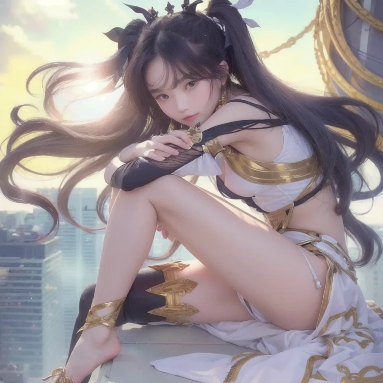 a black-haired woman in a white dress with arms folded over her knee.