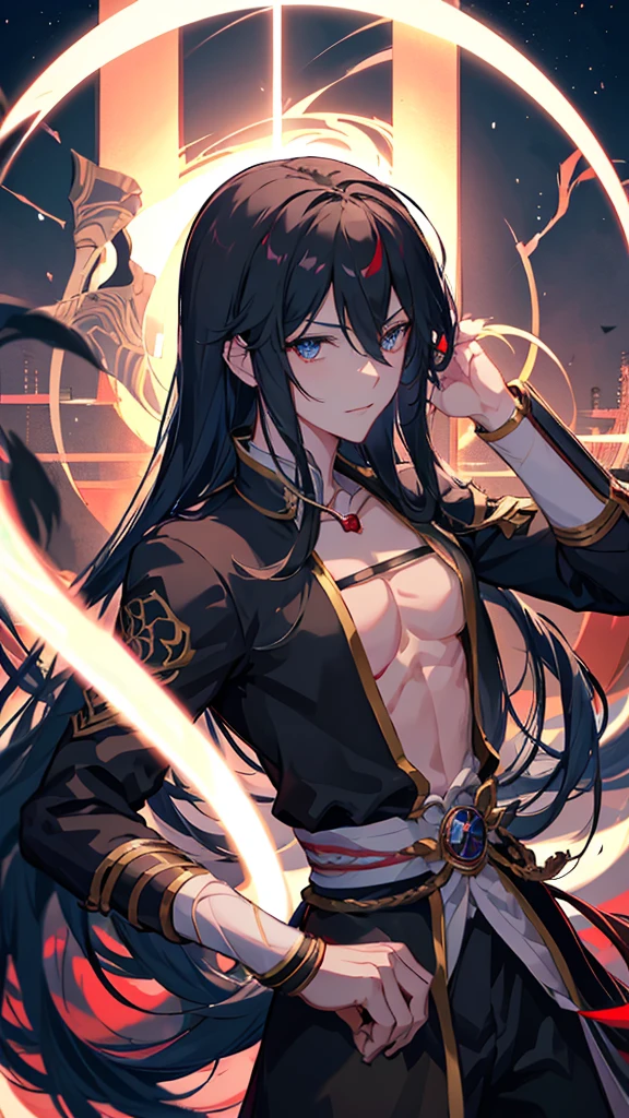 Yan Qing. Hombre musculoso, tez blanca, cabello blanco, tatuajes chinos, sin camisa, buena calidad, pose imponente, dominante, pectorales. Fate. Assasins Shinjuku, muchos tatuajes en todo el torso.